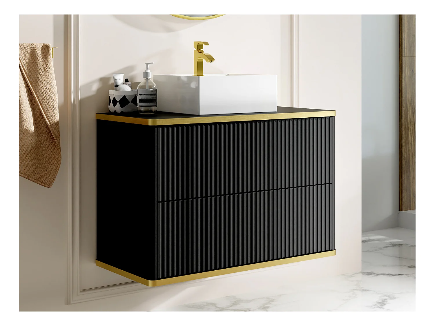Meuble de salle de bain suspendu strié liseré doré avec vasque à poser carrée - Noir - 80 cm - KELIZA