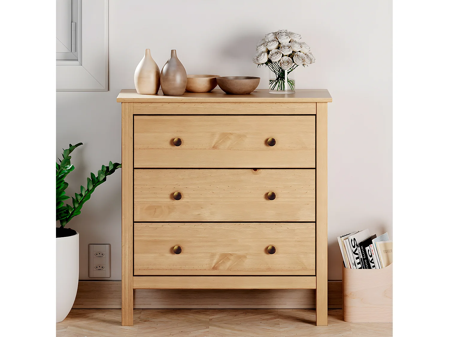 Commode, meuble de rangement avec 3 tiroirs coloris chêne cambrian