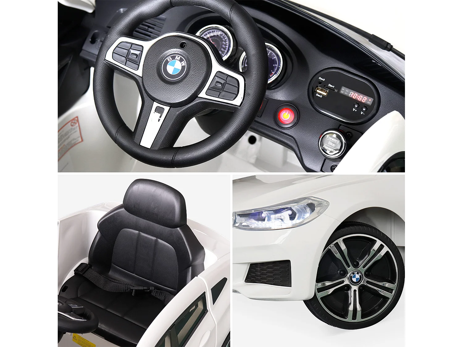 BMW Série 6 GT  blanche. voiture électrique pour enfants 12V 4 Ah. 1 place. avec autoradio et télécommande