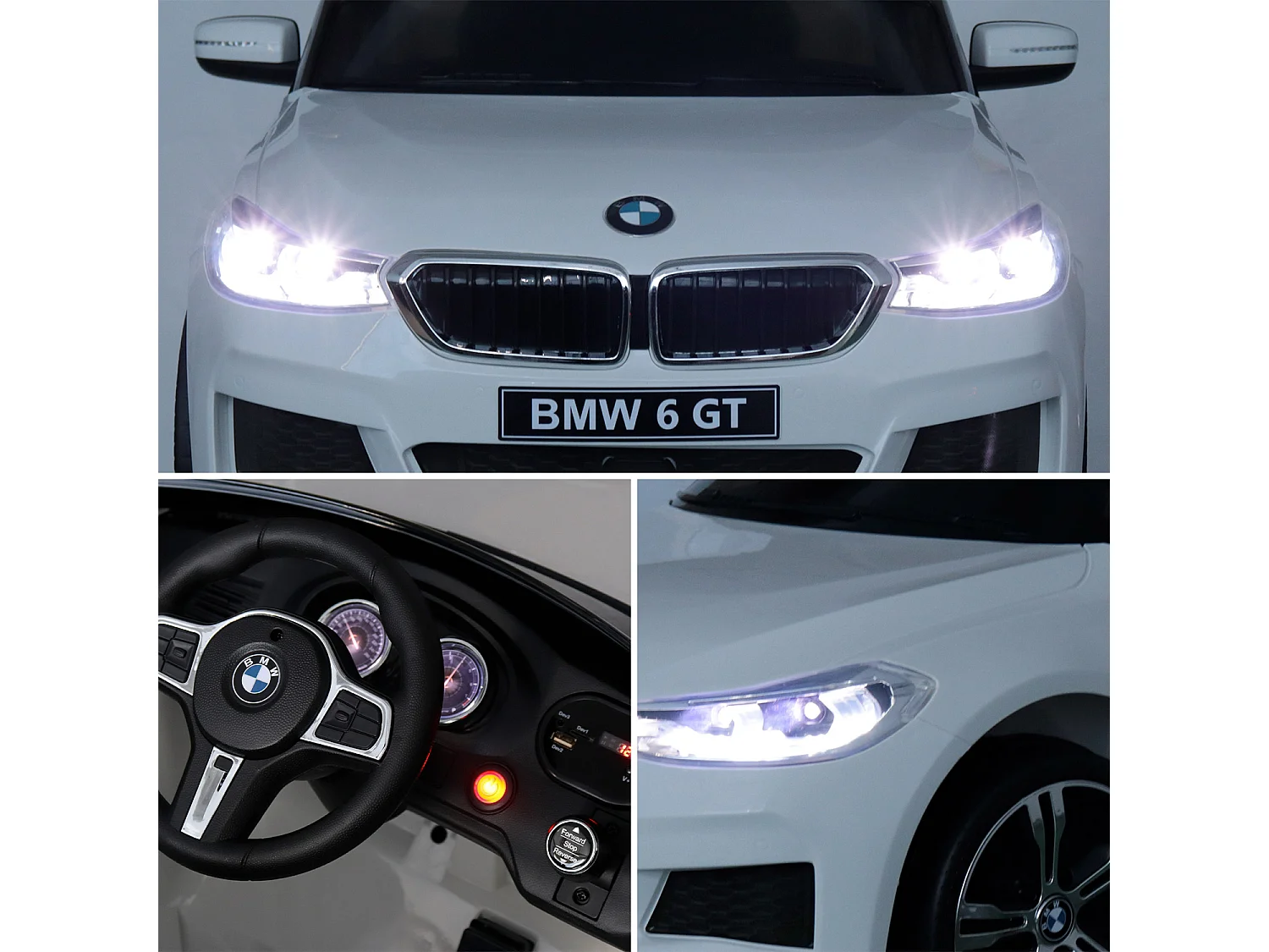 BMW Série 6 GT  blanche. voiture électrique pour enfants 12V 4 Ah. 1 place. avec autoradio et télécommande