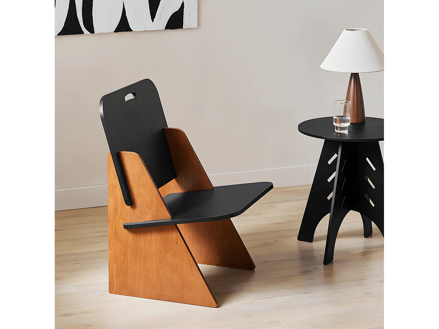 SoBuy Designstoel van hout Comfortabele, ergonomische woonkamerfauteuil Keukenstoel, pen- en gatstructuur, bruin en zwart, L53 x D78 x H56 cm, HFST03-Sch