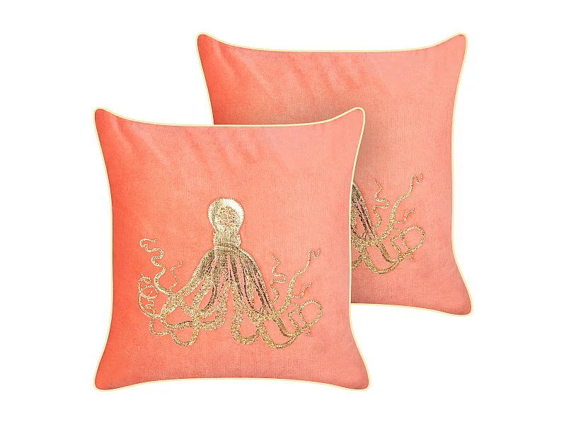 Lot de 2 coussins décoratifs LAMINARIA Velours 45 x 45 cm Corail Motif animal