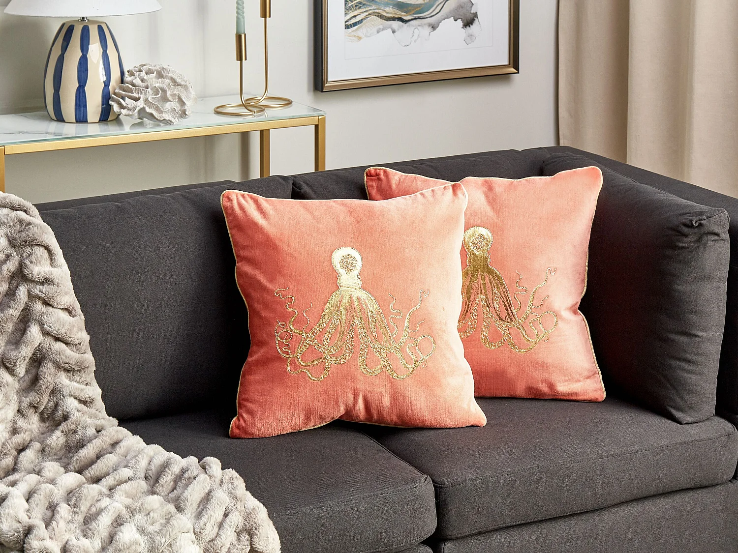 Conjunto de 2 almofadas decorativas LAMINARIA Veludo 45 x 45 cm Coral Padrão animal