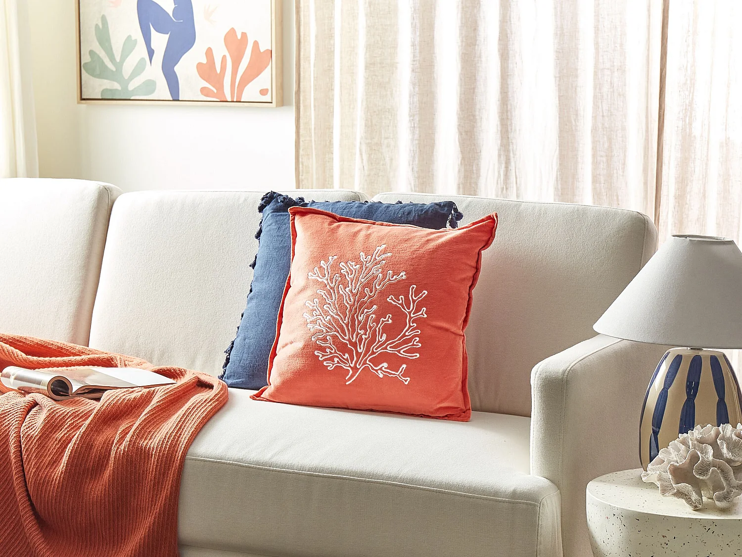 Cuscino decorativo NORI Velluto 45 x 45 cm Corallo Trama di piante