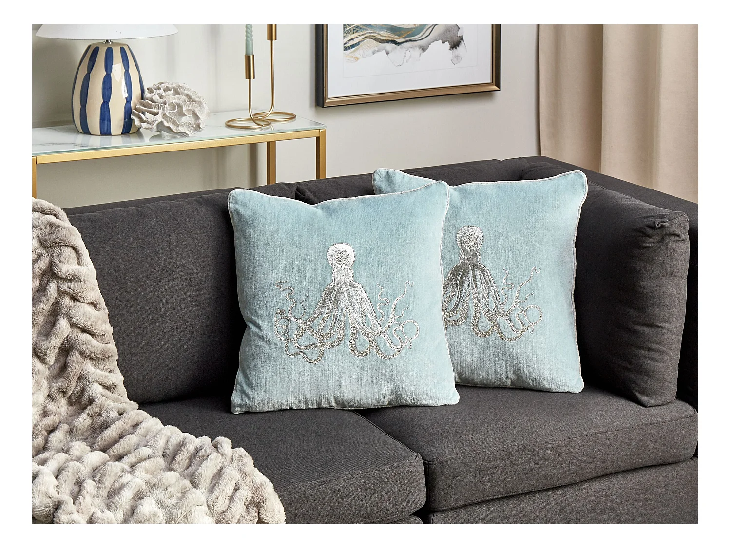 Set di 2 cuscini LAMINARIA Velluto 45 x 45 cm Azzurro Trama animale