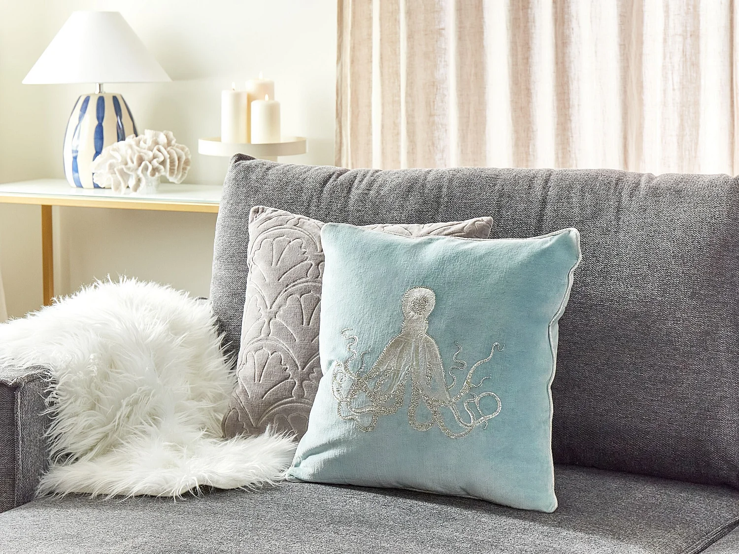 Coussin LAMINARIA Velours 45 x 45 cm Bleu clair Motif animal