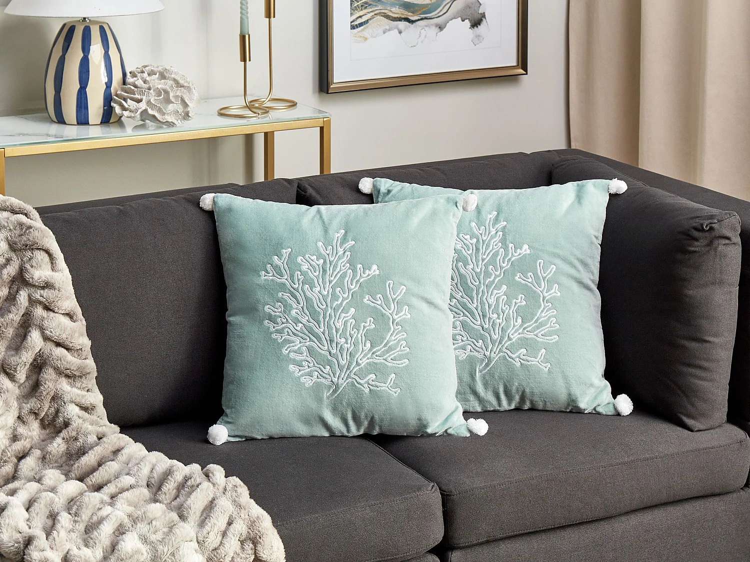 Lot de 2 coussins décoratifs NORI Coton 45 x 45 cm Vert menthe Motif de plante