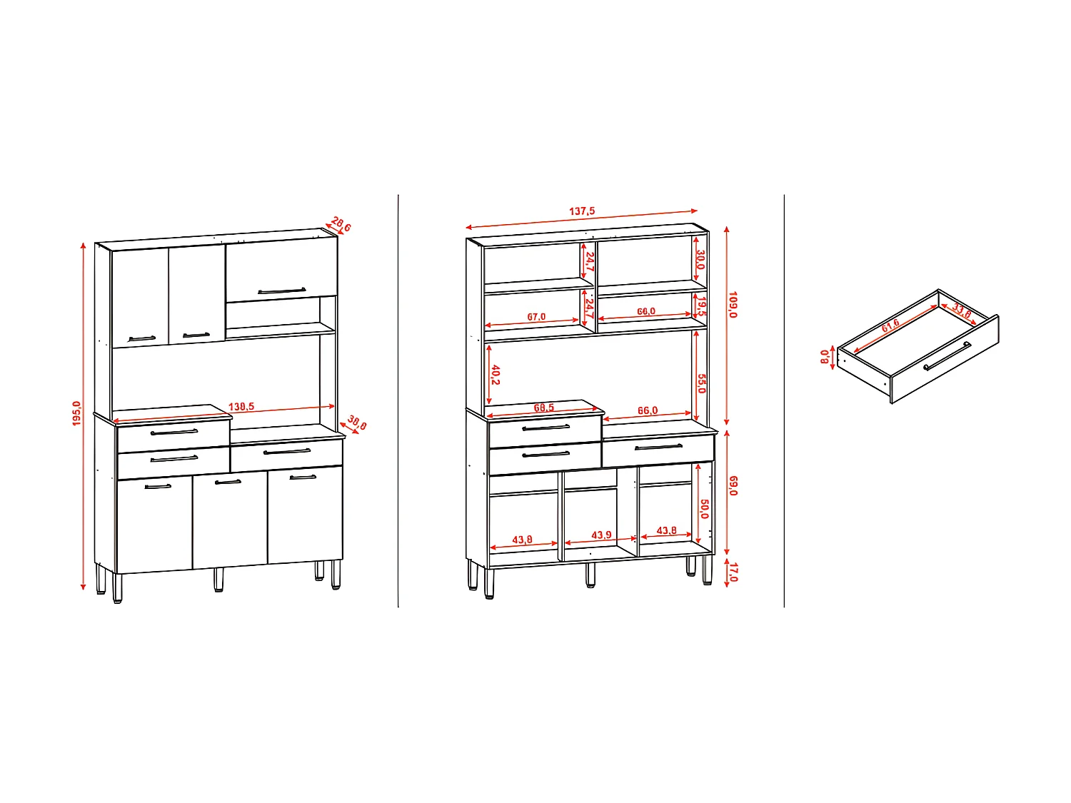 Buffet de Cuisine 6 Portes 3 Tiroirs 9 Niches Chêne Blanc L 138.5 x195 x38.8 cm