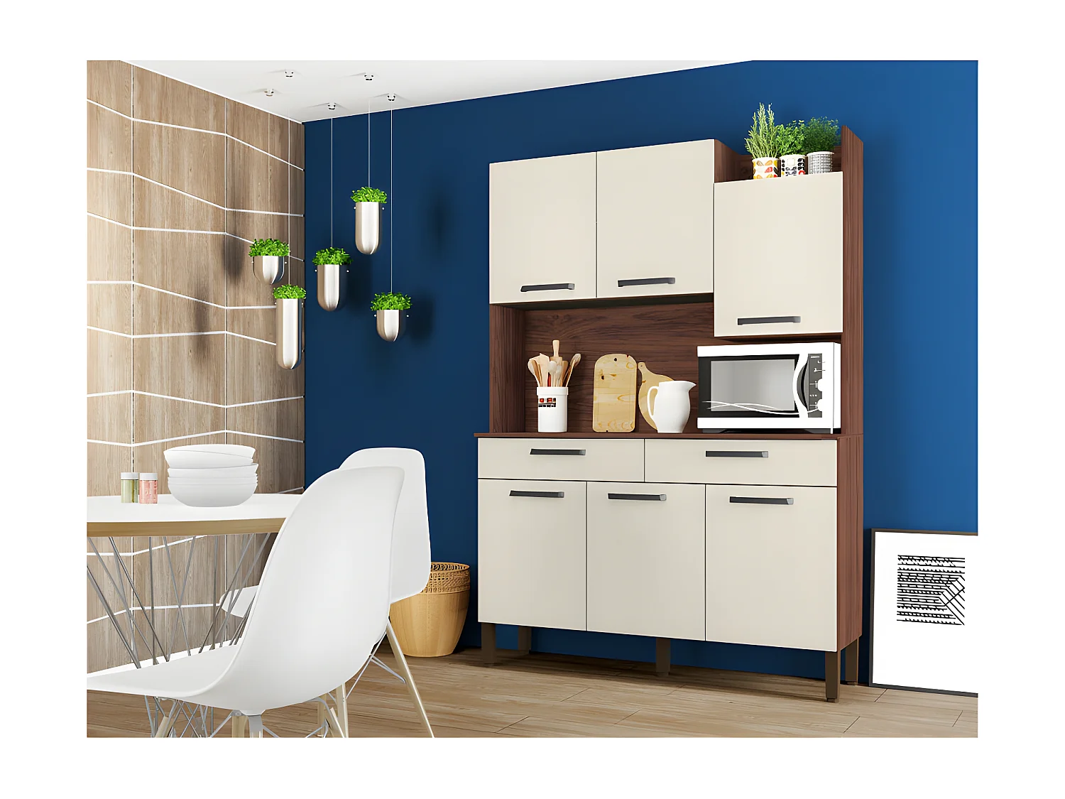 Buffet de Cuisine 6 Portes 2 Tiroirs Noyer Blanc 10 Niches L 132 H 186 P 38.8 cm