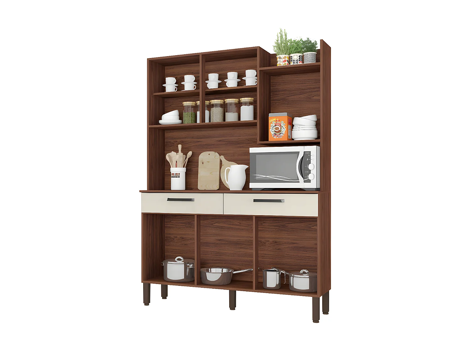 Buffet de Cuisine 6 Portes 2 Tiroirs Noyer Blanc 10 Niches L 132 H 186 P 38.8 cm