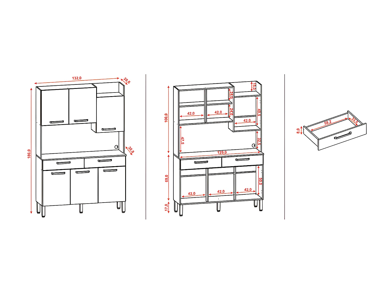 Buffet de Cuisine 6 Portes 2 Tiroirs Noyer Blanc 10 Niches L 132 H 186 P 38.8 cm