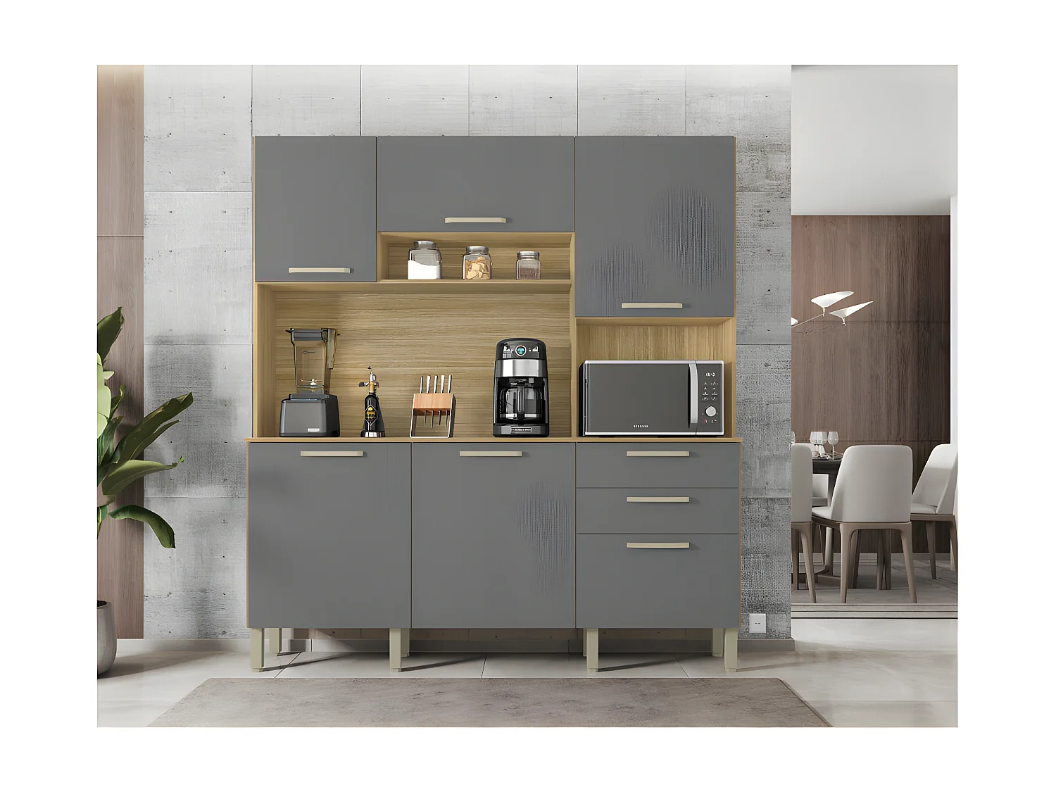 Buffet de Cuisine 6 Portes 2 Tiroirs Chêne et Gris L 180.2 H 198 P 38.8 cm