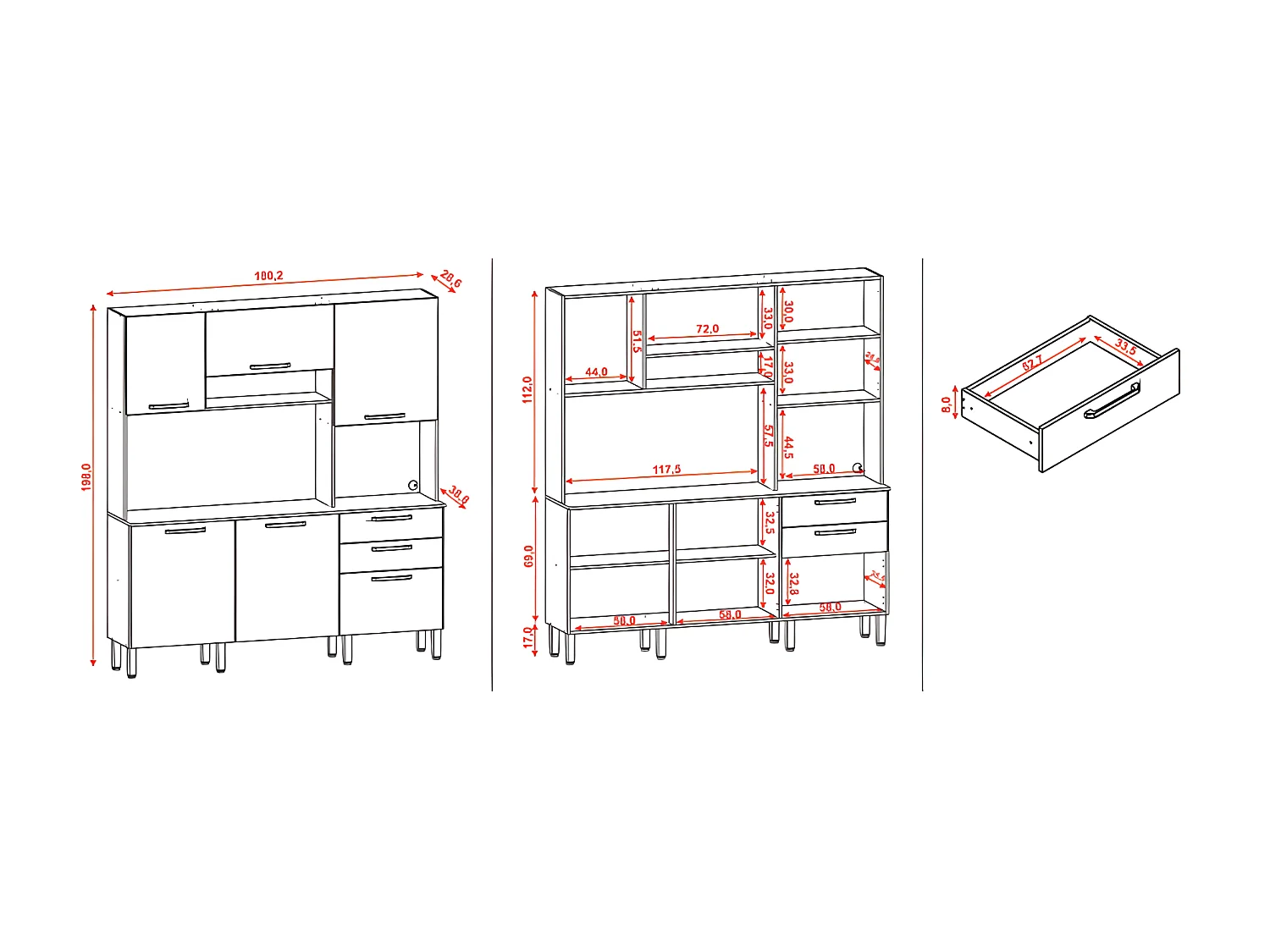 Buffet de Cuisine 6 Portes 2 Tiroirs Chêne et Gris L 180.2 H 198 P 38.8 cm