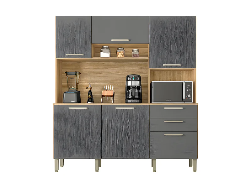 Buffet de Cuisine 6 Portes 2 Tiroirs Chêne et Gris L 180.2 H 198 P 38.8 cm