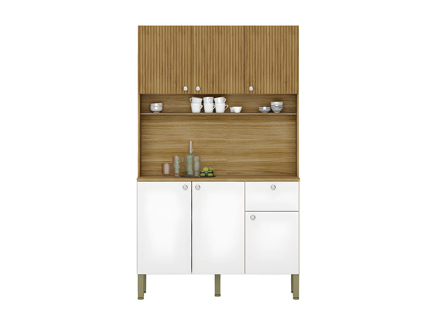 Buffet de Cuisine 6 Portes 1 Tiroir Chêne et Blanc 7 Niches L 111 H 185 P 39.3 cm