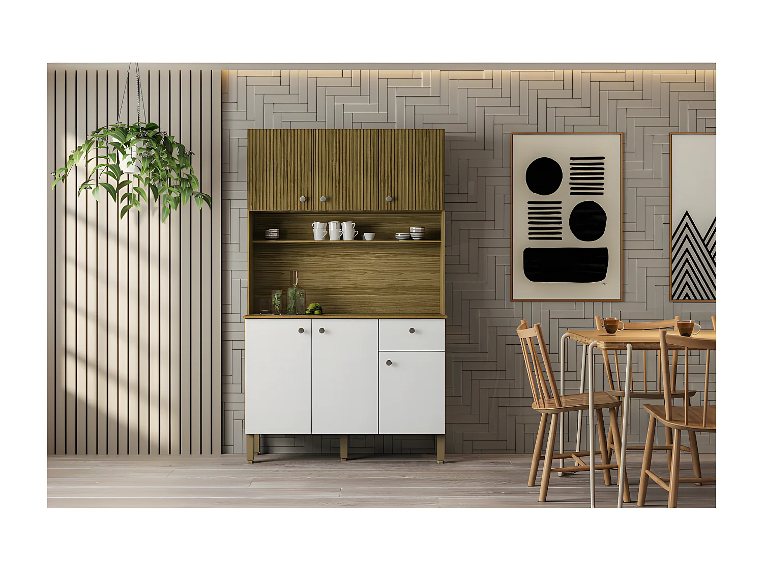 Buffet de Cuisine 6 Portes 1 Tiroir Chêne et Blanc 7 Niches L 111 H 185 P 39.3 cm