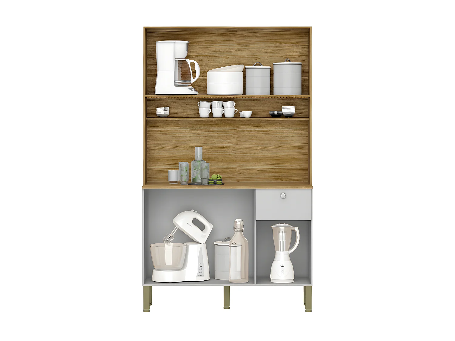 Buffet de Cuisine 6 Portes 1 Tiroir Chêne et Blanc 7 Niches L 111 H 185 P 39.3 cm