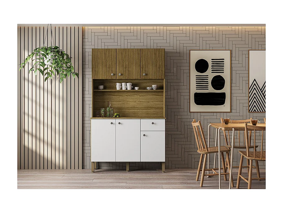 Buffet de Cuisine 6 Portes 1 Tiroir Chêne et Blanc 7 Niches L 111 H 185 P 39.3 cm