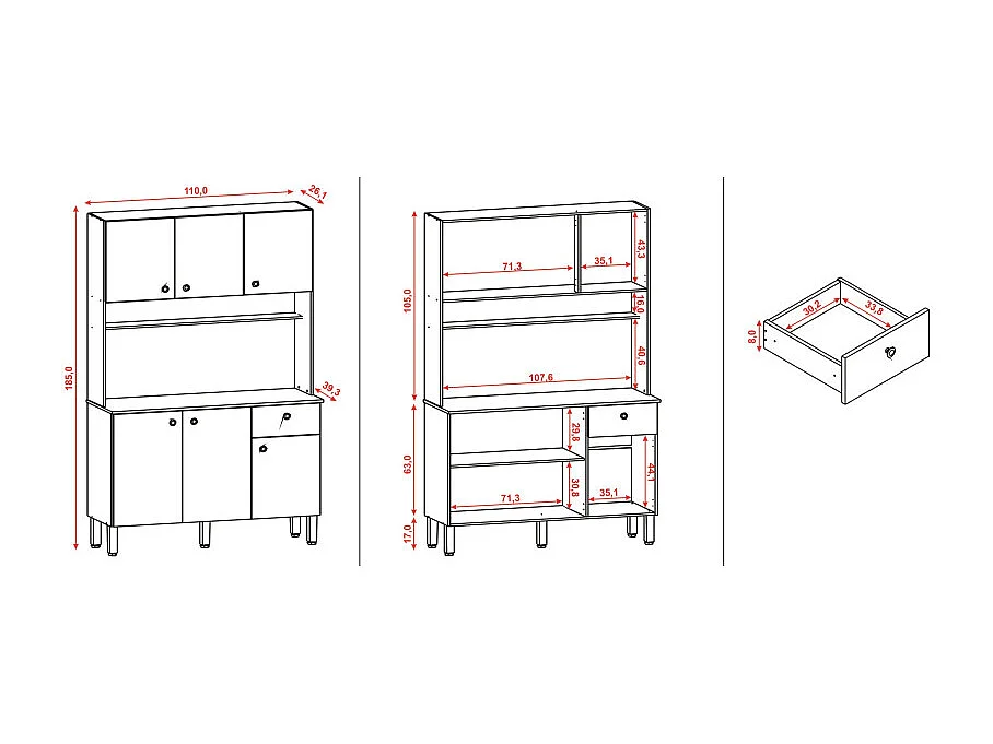 Buffet de Cuisine 6 Portes 1 Tiroir Chêne et Blanc 7 Niches L 111 H 185 P 39.3 cm