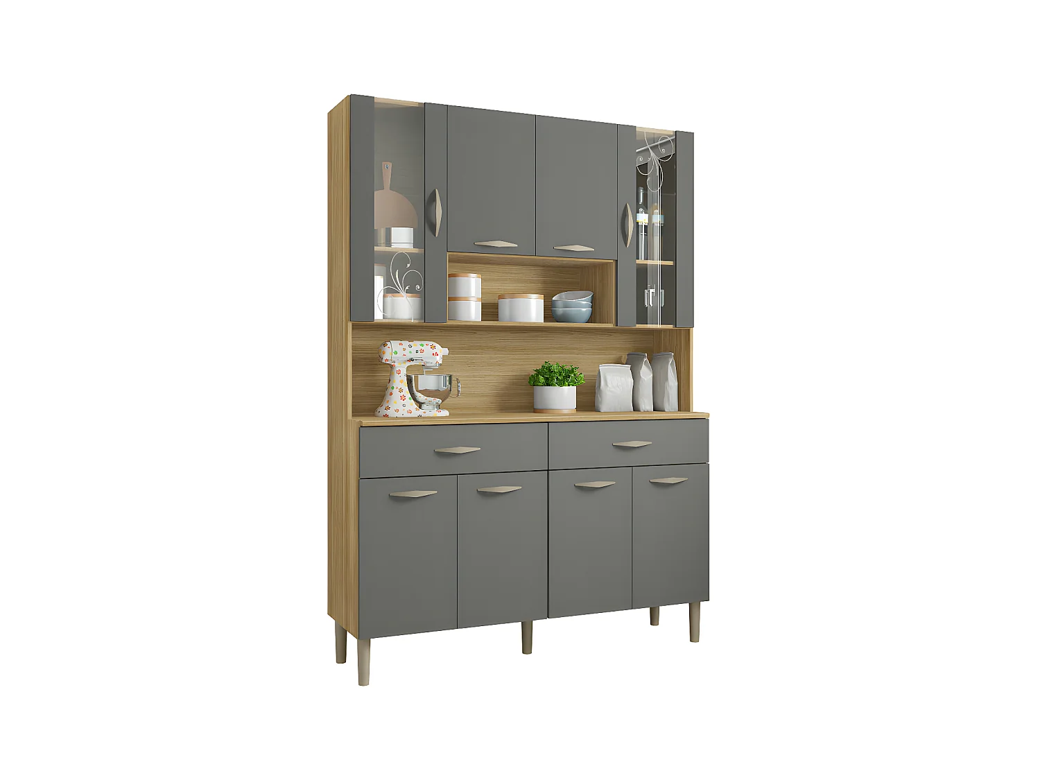 Buffet de Cuisine 8 Portes 2 Tiroirs Chêne et Gris L 121.4 H 173.5 P 36.3 cm