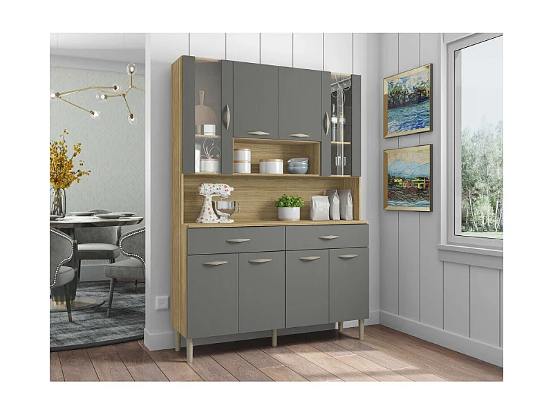 Buffet de Cuisine 8 Portes 2 Tiroirs Chêne et Gris L 121.4 H 173.5 P 36.3 cm