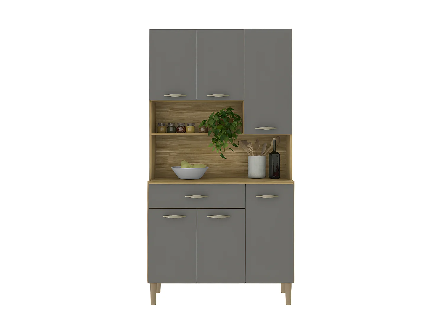 Buffet de Cuisine 6 Portes 1 Tiroir Chêne et Gris 7 Niches L 90.9 H 173.5 P 36.3 cm