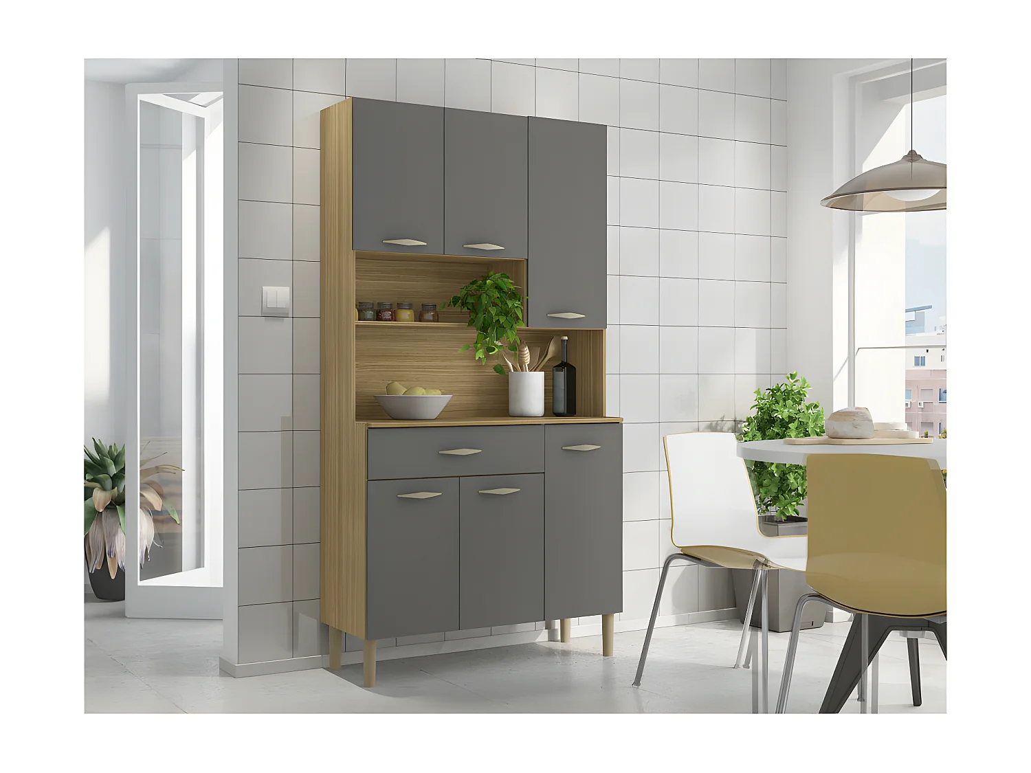 Buffet de Cuisine 6 Portes 1 Tiroir Chêne et Gris 7 Niches L 90.9 H 173.5 P 36.3 cm