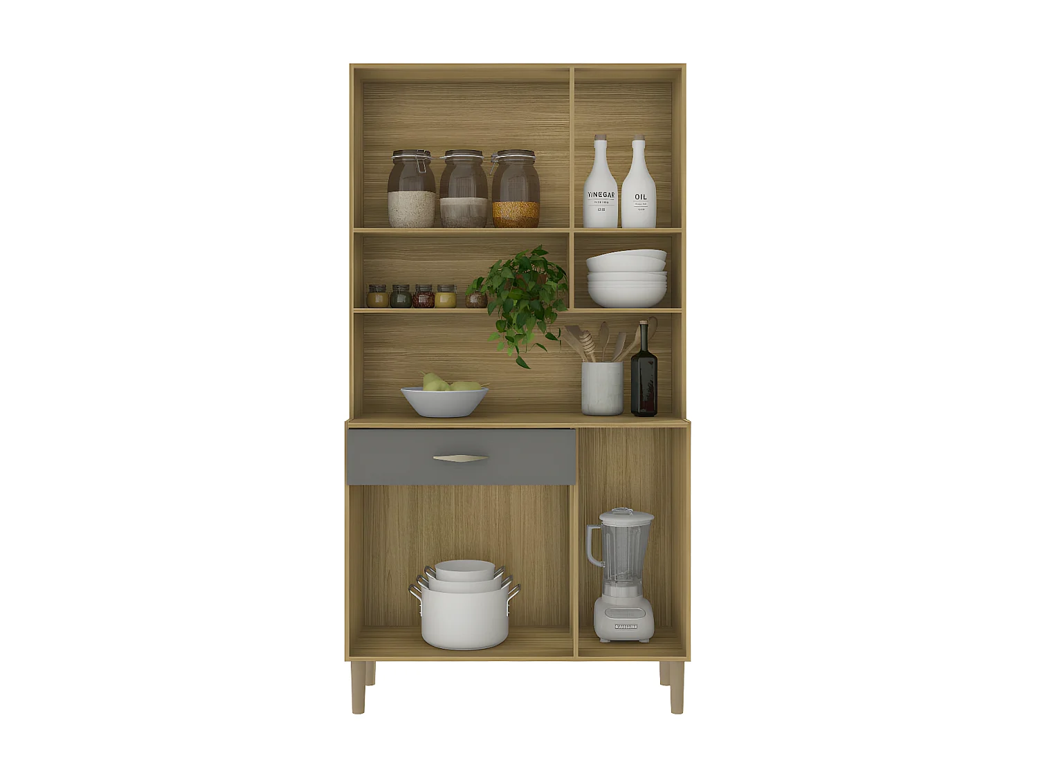 Buffet de Cuisine 6 Portes 1 Tiroir Chêne et Gris 7 Niches L 90.9 H 173.5 P 36.3 cm