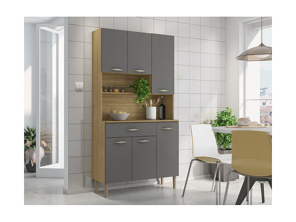 Buffet de Cuisine 6 Portes 1 Tiroir Chêne et Gris 7 Niches L 90.9 H 173.5 P 36.3 cm