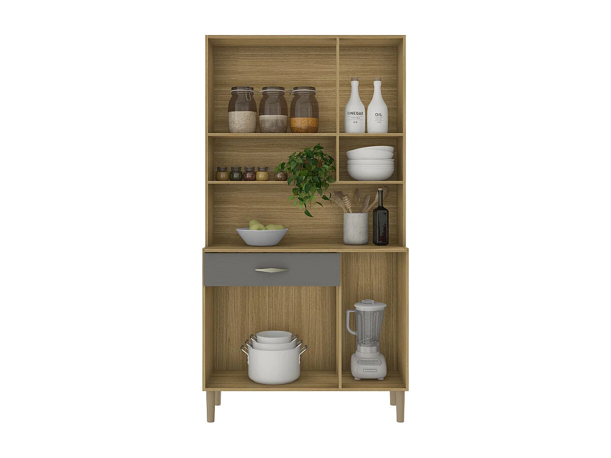 Buffet de Cuisine 6 Portes 1 Tiroir Chêne et Gris 7 Niches L 90.9 H 173.5 P 36.3 cm