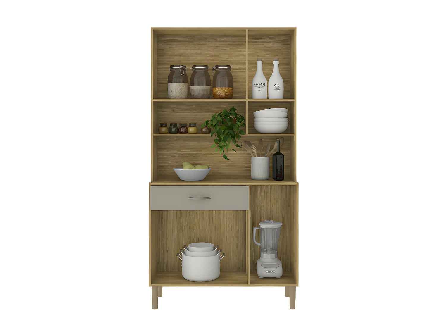 Buffet de Cuisine 6 Portes 1 Tiroir Chêne Taupe 7 Niches L 90.9 x173.5 x36.3 cm