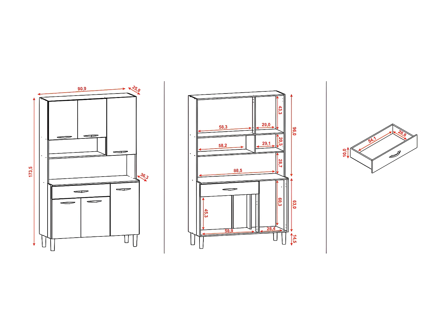 Buffet de Cuisine 6 Portes 1 Tiroir Chêne Taupe 7 Niches L 90.9 x173.5 x36.3 cm
