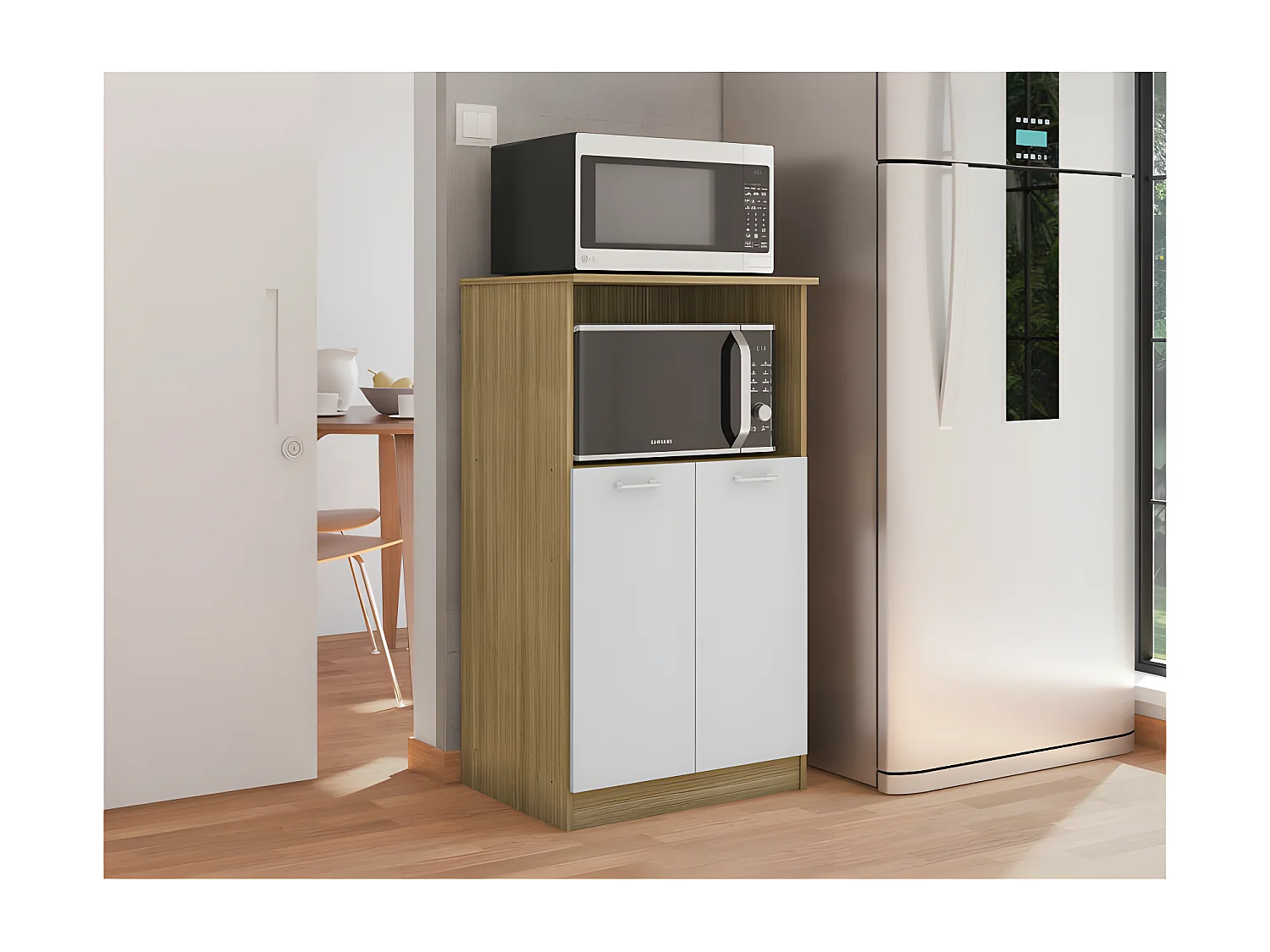 Armoire Micro-Onde 2 Portes Chêne et Blanc 3 Niches ORION L61 H110.6 P45.8 cm