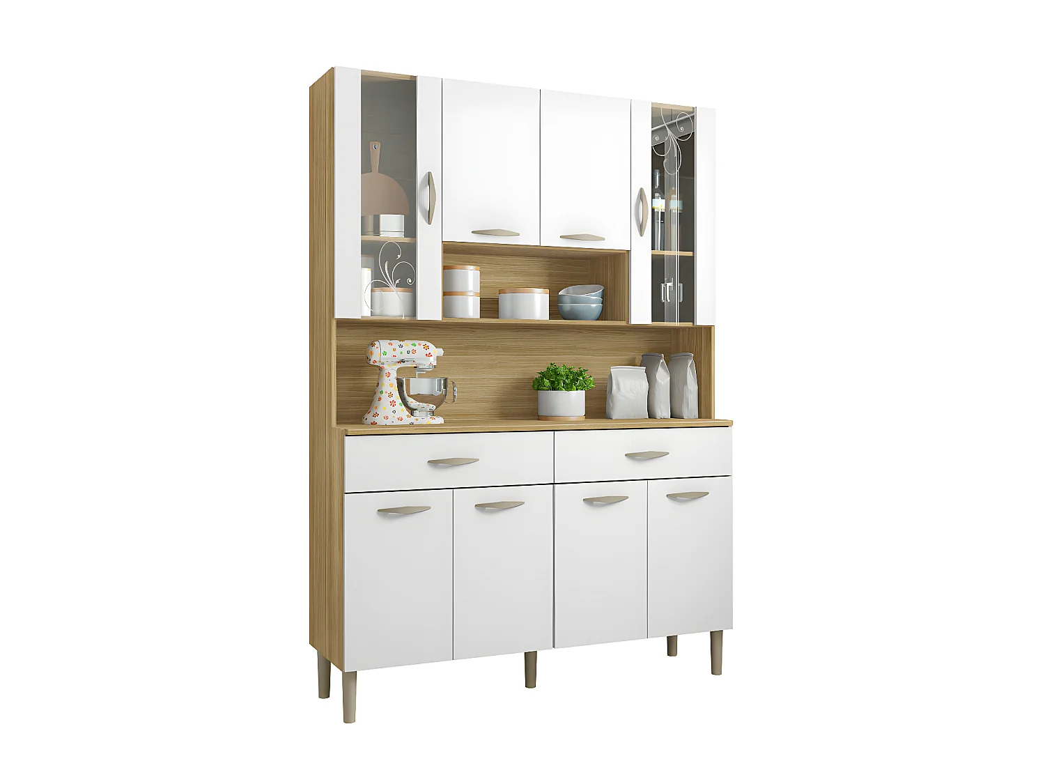 Buffet de Cuisine 8 Portes 2 Tiroirs Chêne et Blanc L 121.4 H 173.5 P 36.3 cm