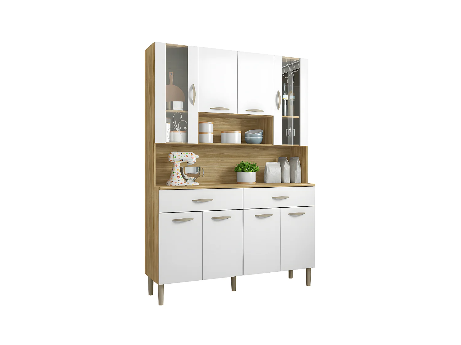 Buffet de Cuisine 8 Portes 2 Tiroirs Chêne et Blanc L 121.4 H 173.5 P 36.3 cm