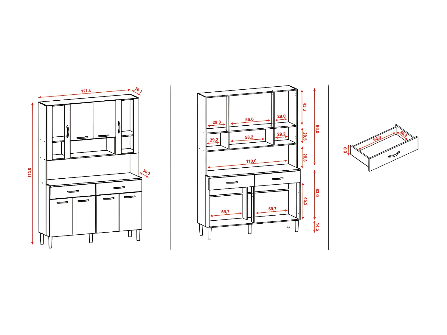 Buffet de Cuisine 8 Portes 2 Tiroirs Chêne et Blanc L 121.4 H 173.5 P 36.3 cm