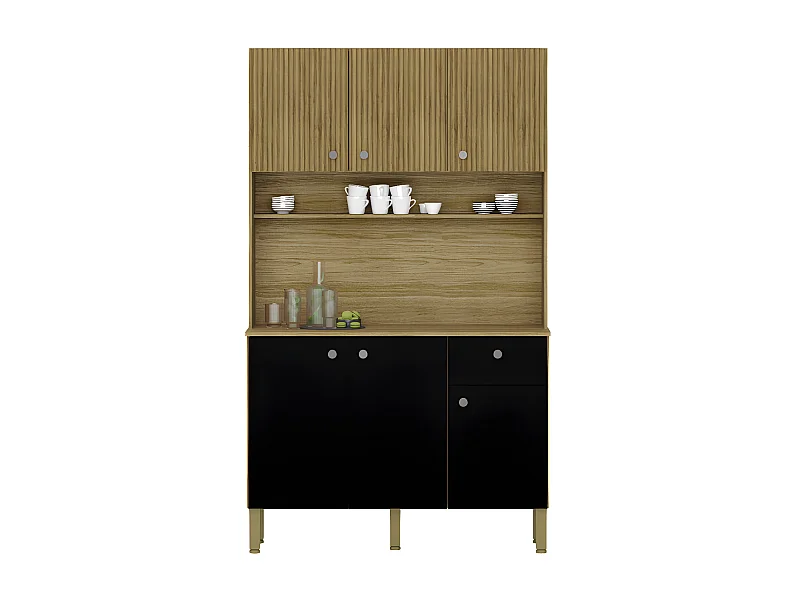Buffet de Cuisine 6 Portes 1 Tiroir Chêne et Noir 7 Niches L 111 H 185 P 39.3 cm