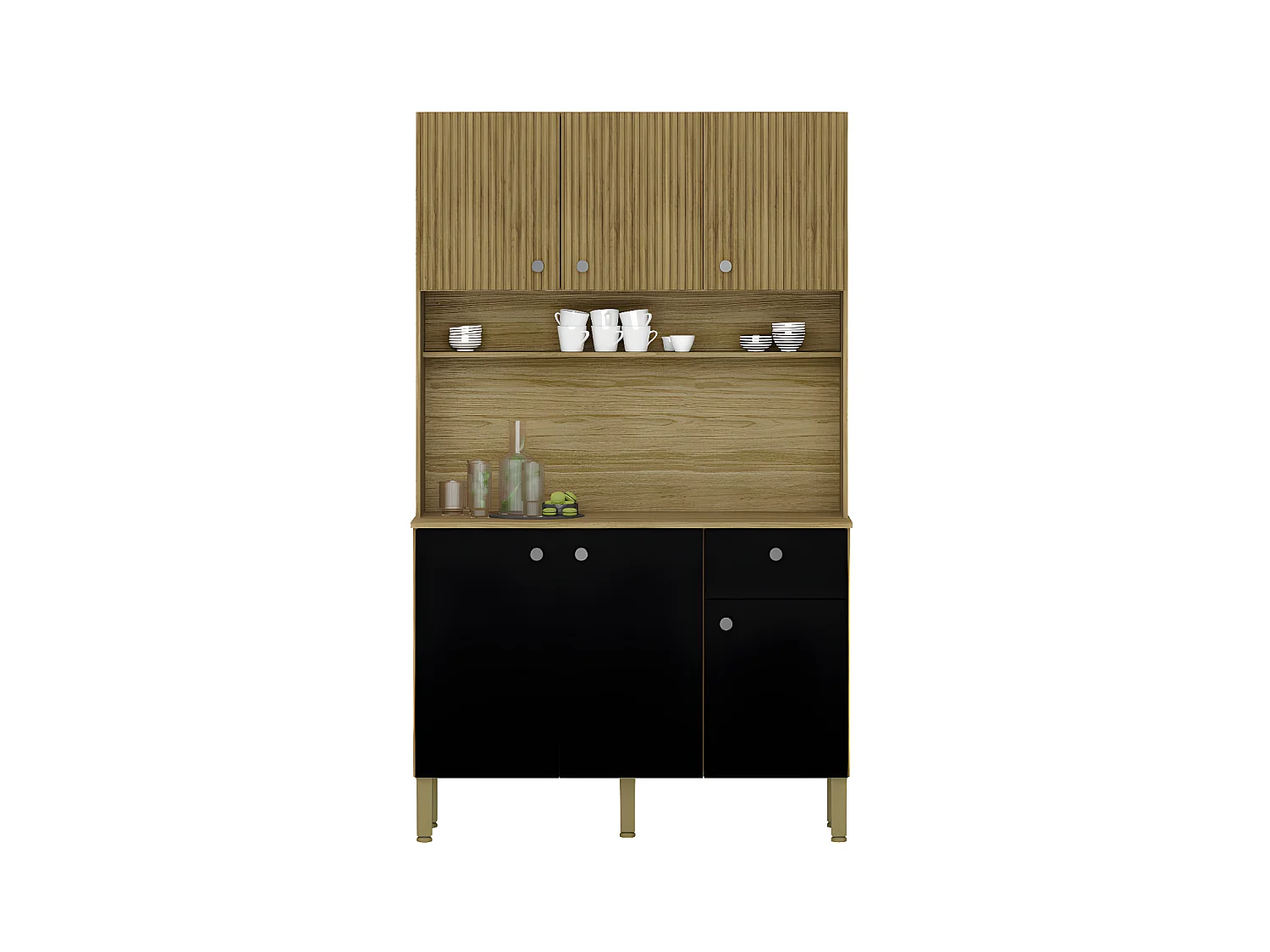 Buffet de Cuisine 6 Portes 1 Tiroir Chêne et Noir 7 Niches L 111 H 185 P 39.3 cm