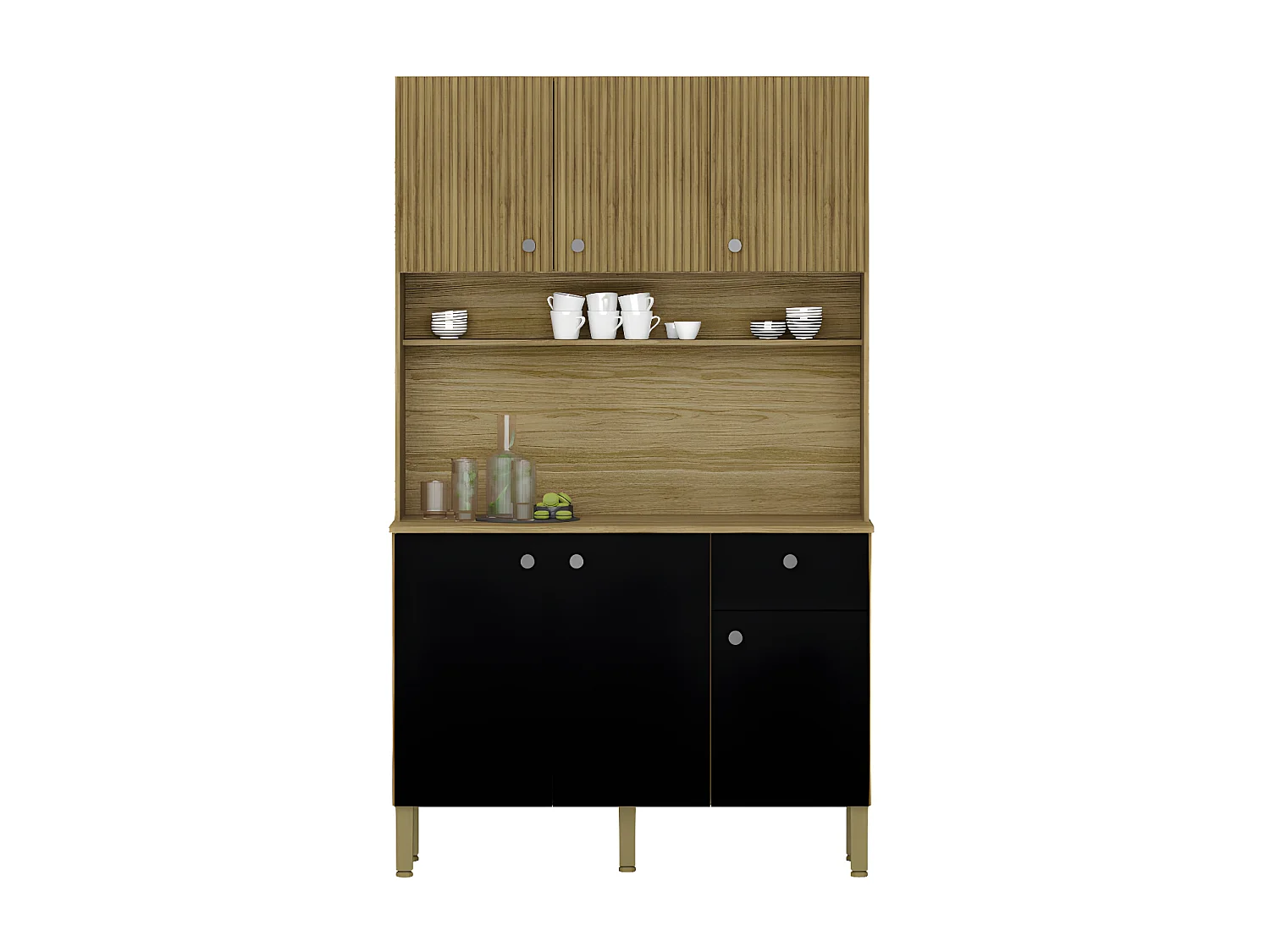 Buffet de Cuisine 6 Portes 1 Tiroir Chêne et Noir 7 Niches L 111 H 185 P 39.3 cm