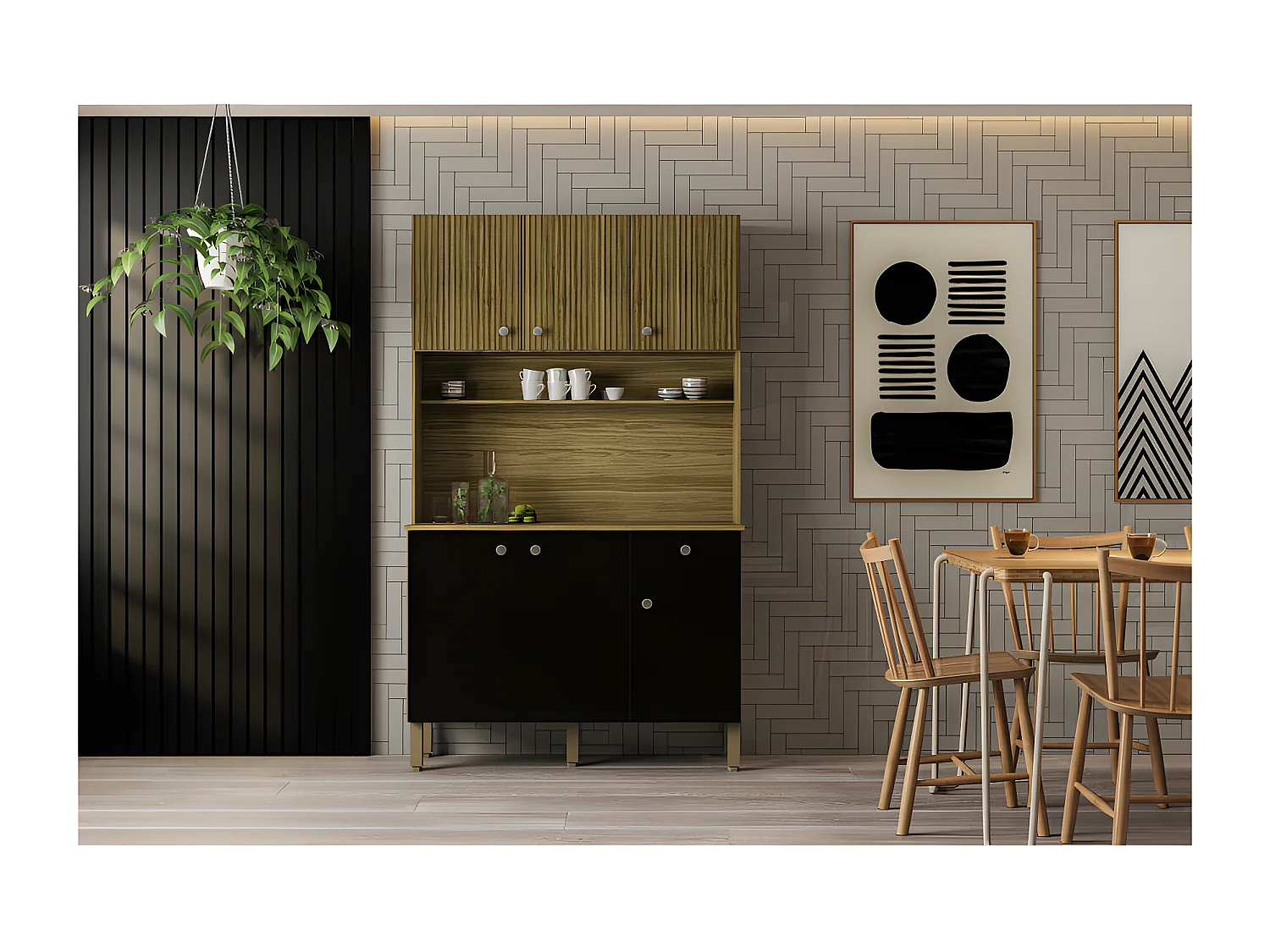 Buffet de Cuisine 6 Portes 1 Tiroir Chêne et Noir 7 Niches L 111 H 185 P 39.3 cm