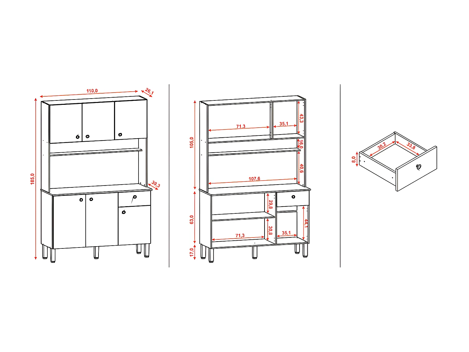 Buffet de Cuisine 6 Portes 1 Tiroir Chêne et Noir 7 Niches L 111 H 185 P 39.3 cm
