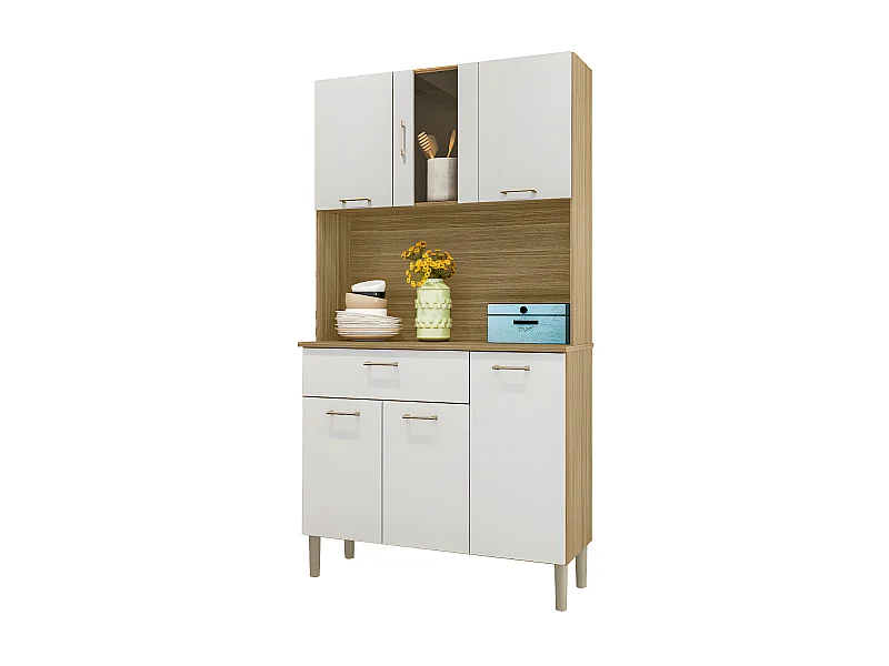 Buffet de Cuisine 6 Portes 1 Tiroir Chêne et Blanc 5 Niches L92 H170.5 P36.3 cm