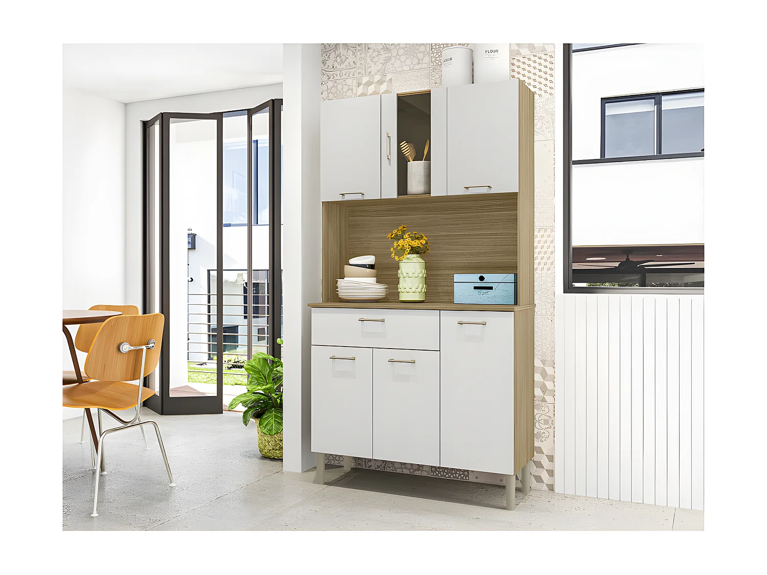 Buffet de Cuisine 6 Portes 1 Tiroir Chêne et Blanc 5 Niches L92 H170.5 P36.3 cm