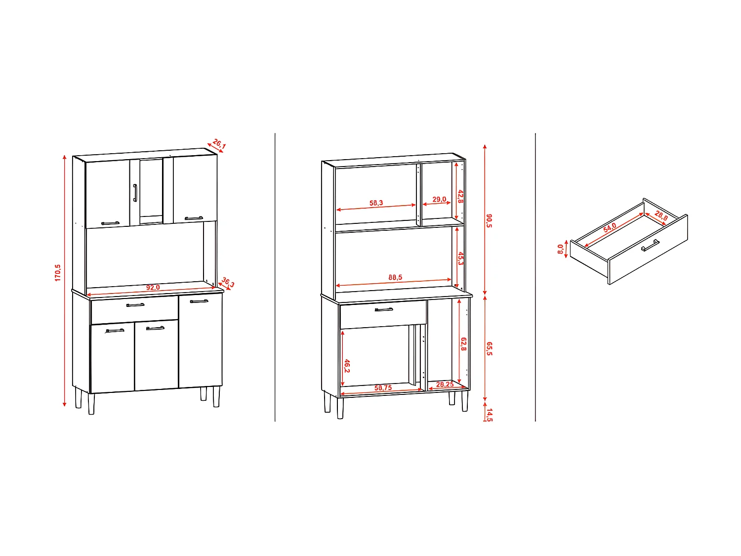 Buffet de Cuisine 6 Portes 1 Tiroir Chêne et Blanc 5 Niches L92 H170.5 P36.3 cm