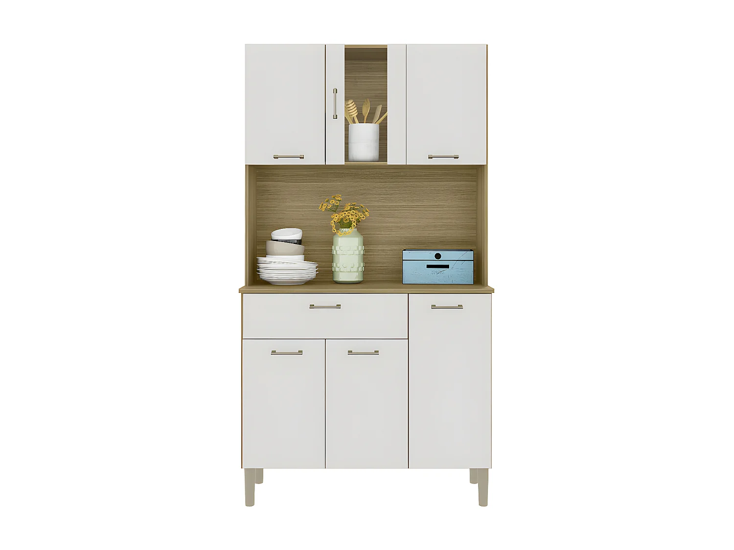 Buffet de Cuisine 6 Portes 1 Tiroir Chêne et Blanc 5 Niches L92 H170.5 P36.3 cm