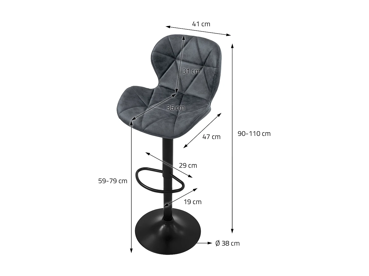 Lot 4 tabourets de bar rembourrées en simili anthracite hauteur réglable 59-79cm