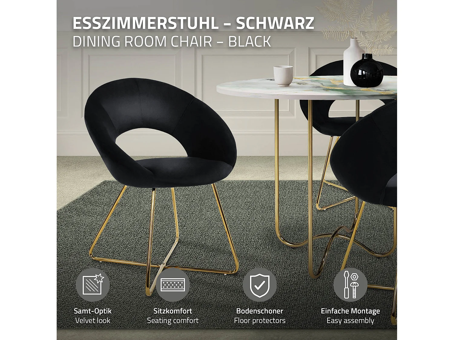 Silla de comedor de terciopelo negro diseño ergonómico asiento moderno curvado