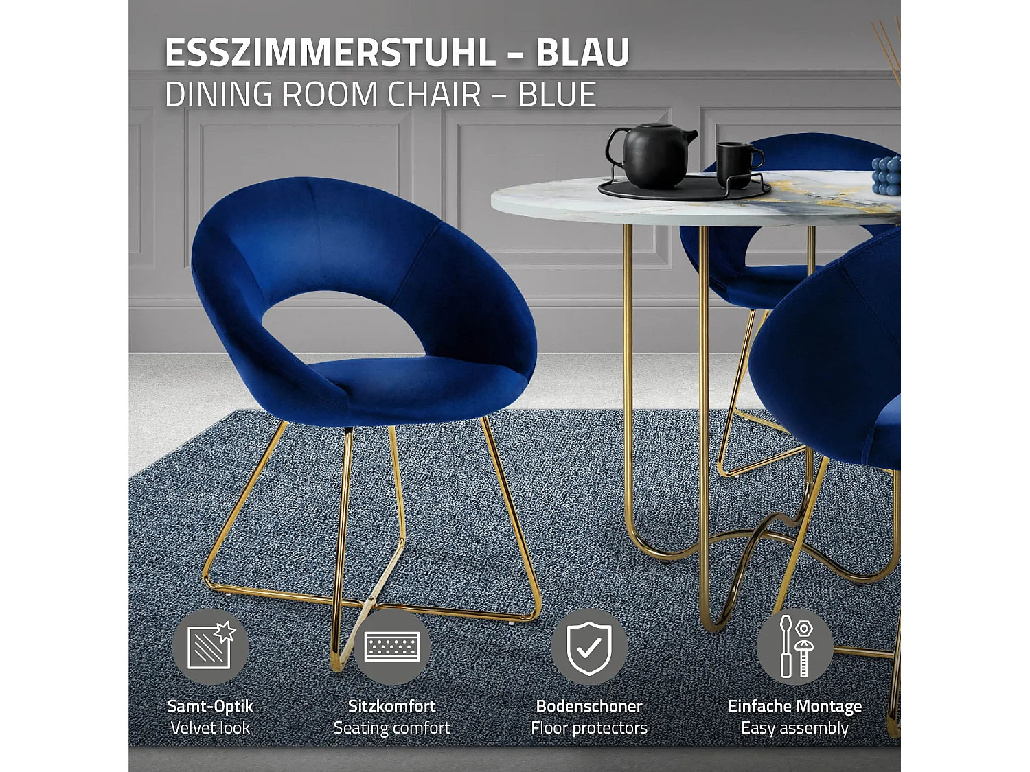Chaise de salle à manger en velours avec dossier rond bleu pieds en métal doré