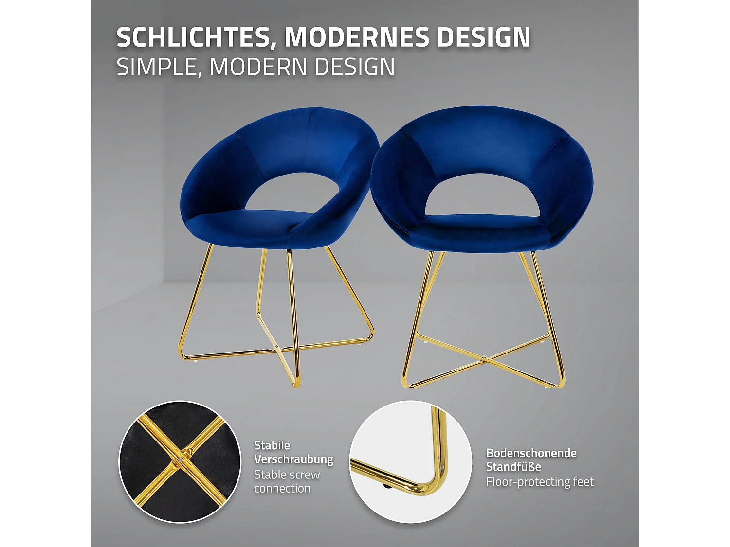 Chaise de salle à manger en velours avec dossier rond bleu pieds en métal doré