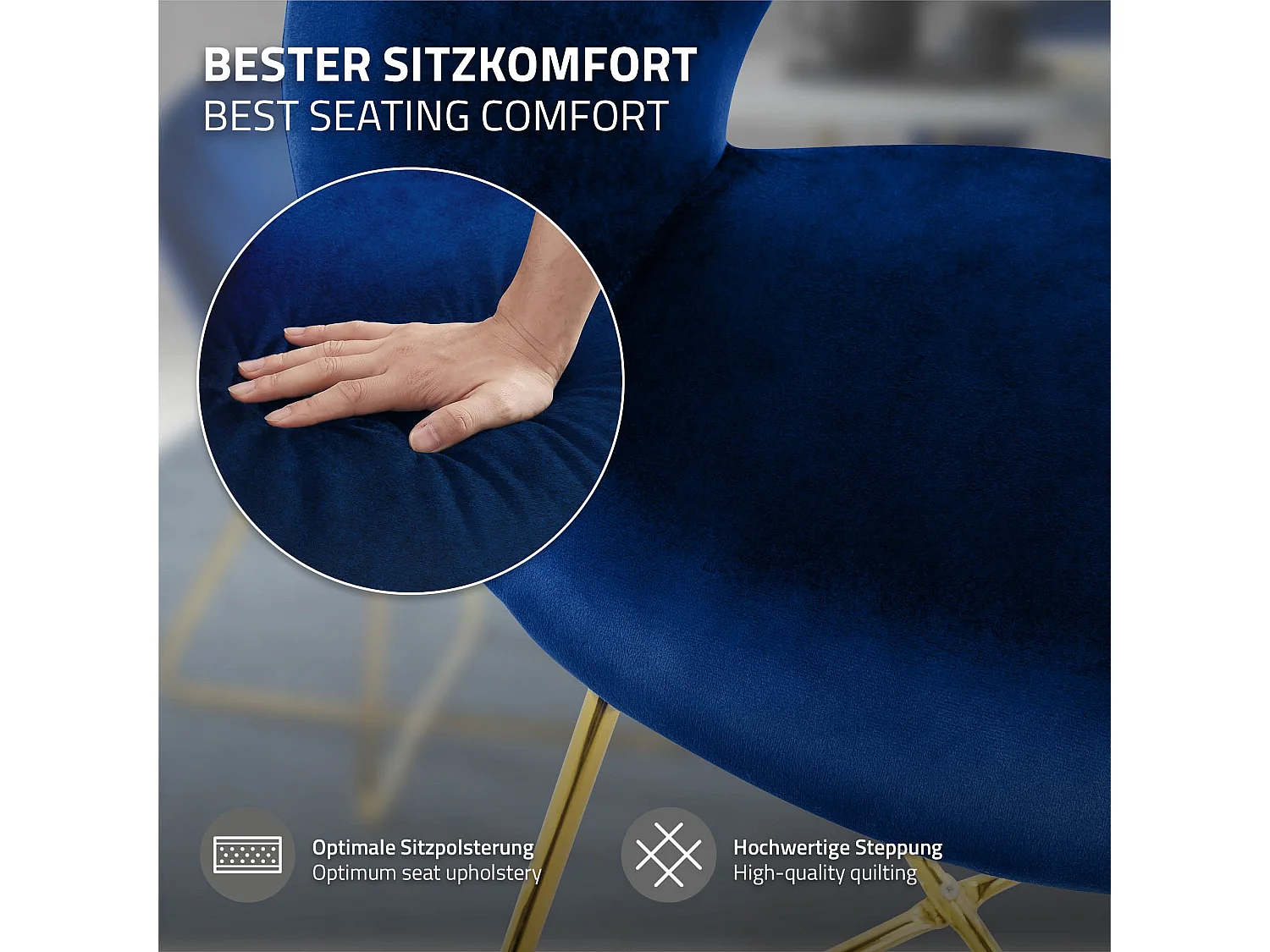 Chaise de salle à manger en velours avec dossier rond bleu pieds en métal doré